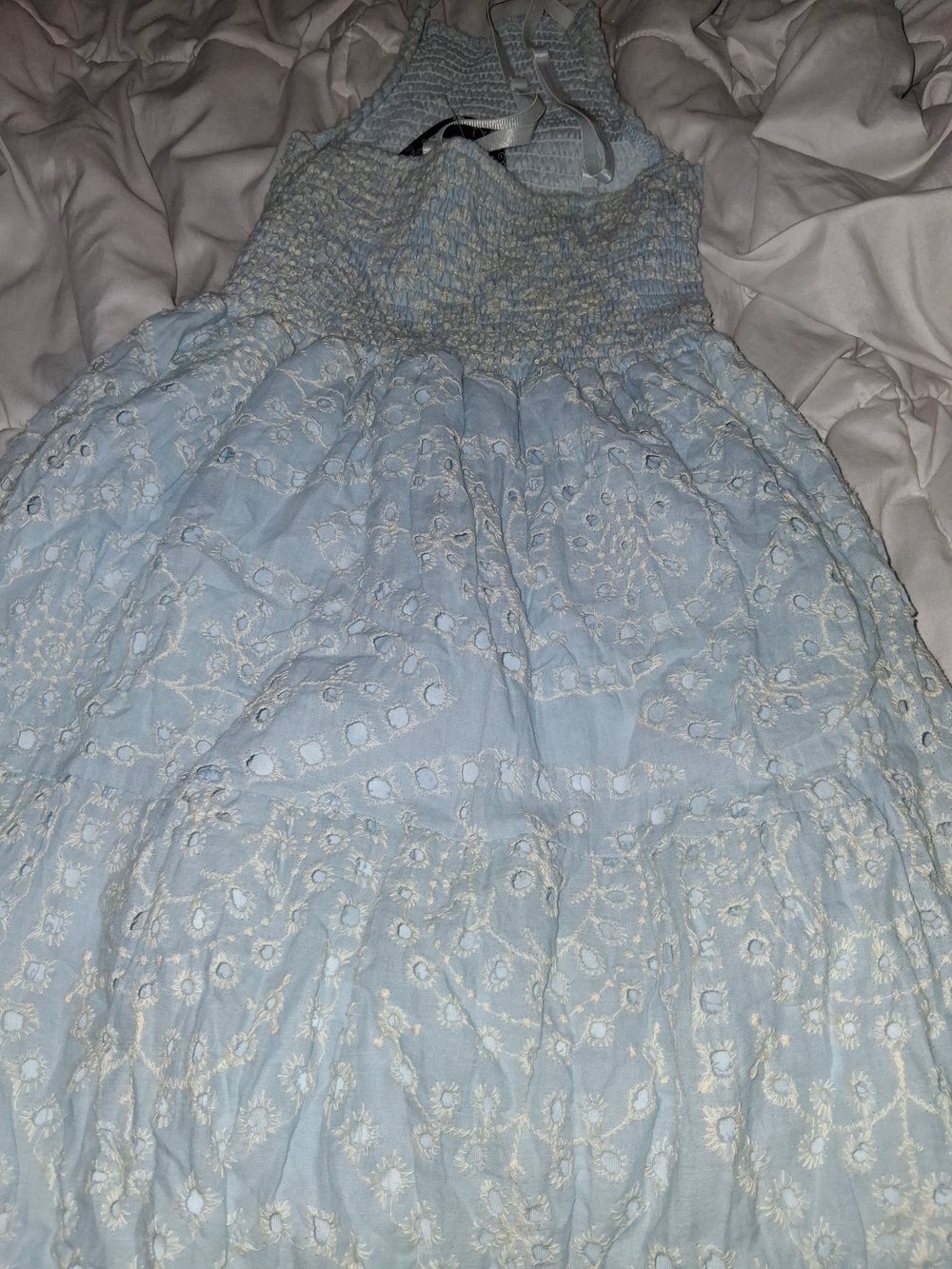 Light Blue Eyelet Maxi Dress with Smocked Bodice